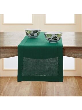 NEW Solino Home 100% Pure Linen Rainforest Green Table Runner, Classic Hemstitch
